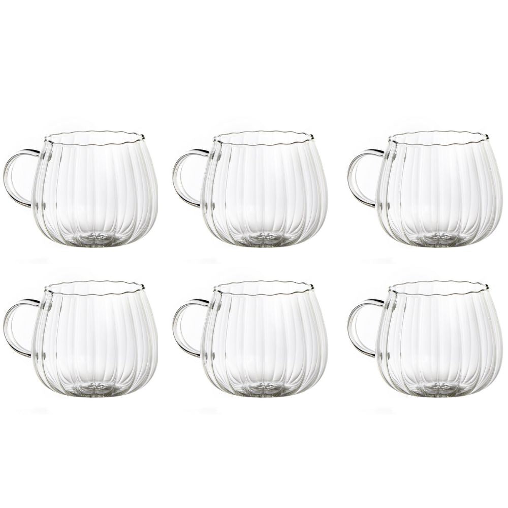 סט של 6 ספלי זכוכית מפוספסים עם ידית מבית Fine Lab Home, כל ספל בנפח 400 מ"ל, מסודרים בשתי שורות על רקע לבן.