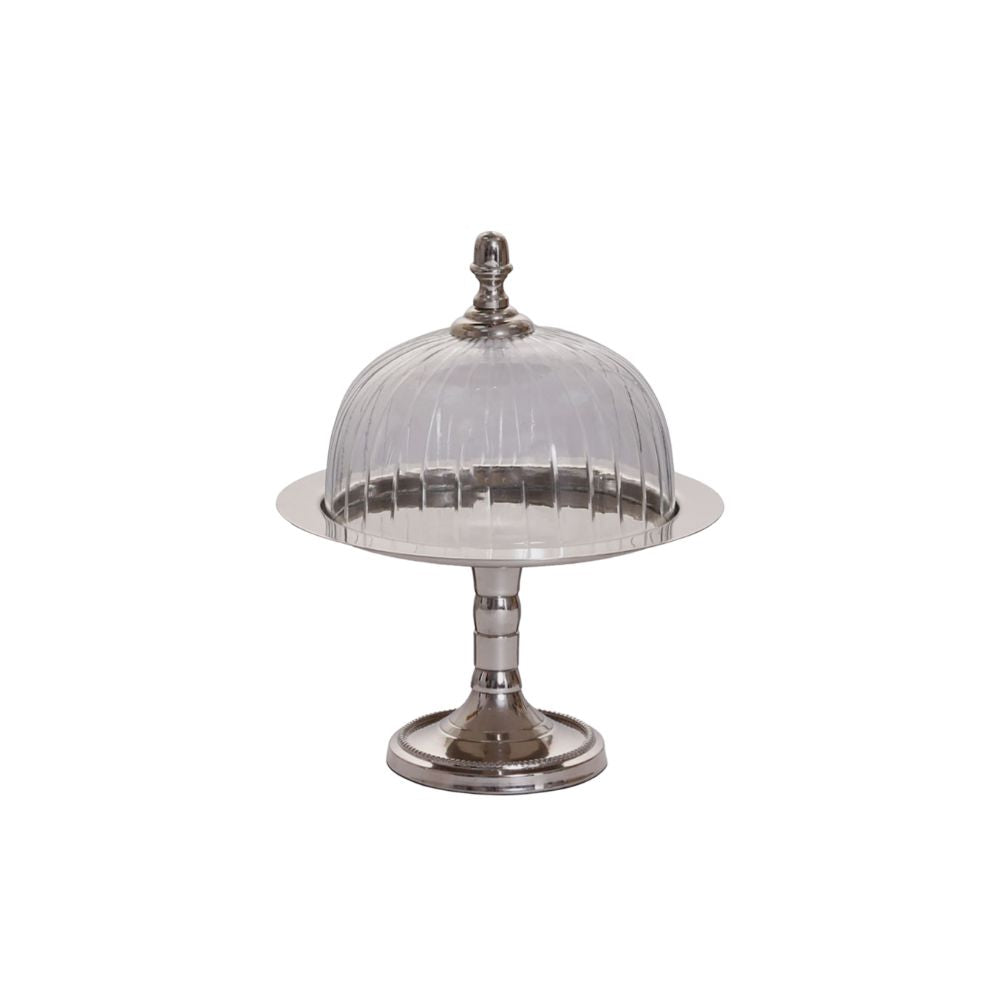 פעמון זכוכית וכסף אלגנטי- שלושה גדלים מבית Fine Lab Home כולל בסיס מתכת כסוף וכיפת זכוכית פעמון לעוגה שקופה ומחוספסת, מושלם להצגת עוגות באלגנטיות על כל רקע לבן.