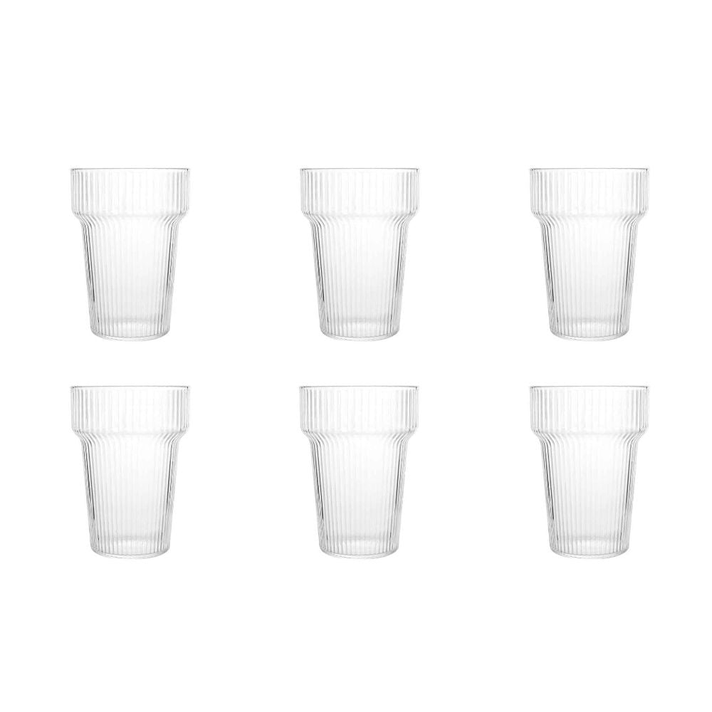 סט של שש כוסות זכוכית מפוספסות של Fine Lab Home - 370 מ"ל (סט של 6 יחידות), מסודרות בשתי שורות של שלוש על רקע לבן — כוסות שתייה מושלמות לכל אירוע.