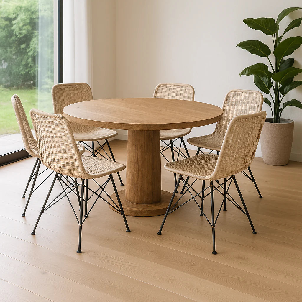 שולחן אוכל עגול מעץ עם שישה כיסאות Fine Lab Home כיסא אוכל ראטן אמיתי רגלי מתכת עומד על רצפת עץ בהירה ליד חלון גדול ועציץ.