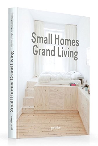 התמונה מציגה את ספר עיצוב small homes grand living מאת Fine Lab Home, המציג עיצוב פנים לחללים קטנים, עם חדר שינה מינימליסטי, אחסון מובנה מעץ ומיטה ליד חלון על הכריכה.