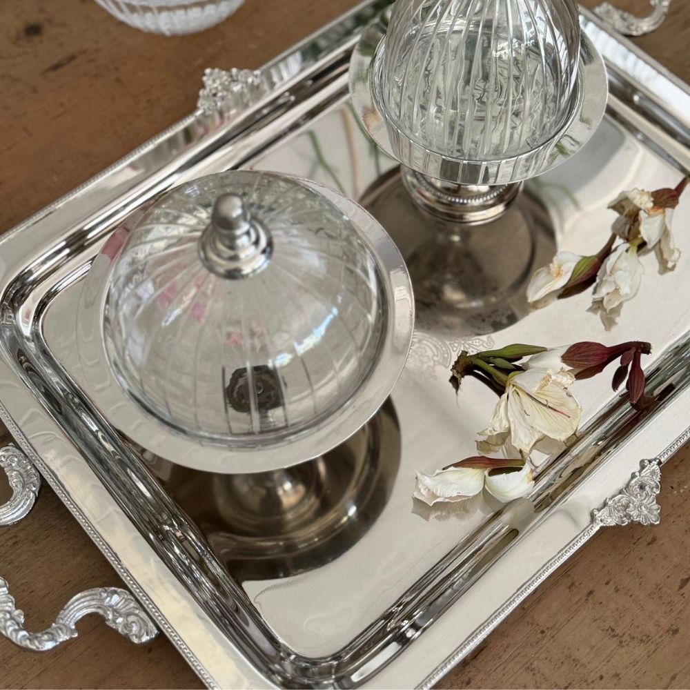 מגש כסף אלגנטי עם ידיות של Fine Lab Home בשני גדלים מונח על משטח עץ. עליו שני צנצנות זכוכית ופרחים לבנים נבולים.