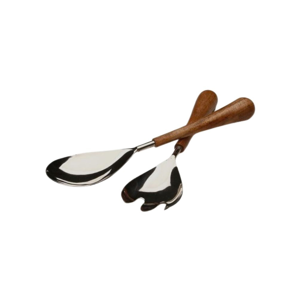 זוג כף ומזלג לסלט עץ וניקל מבית Fine Lab Home עם ראשים ממתכת וידיות מעץ, מוצלבים על רקע לבן — סט אלגנטי להגשת סלט.