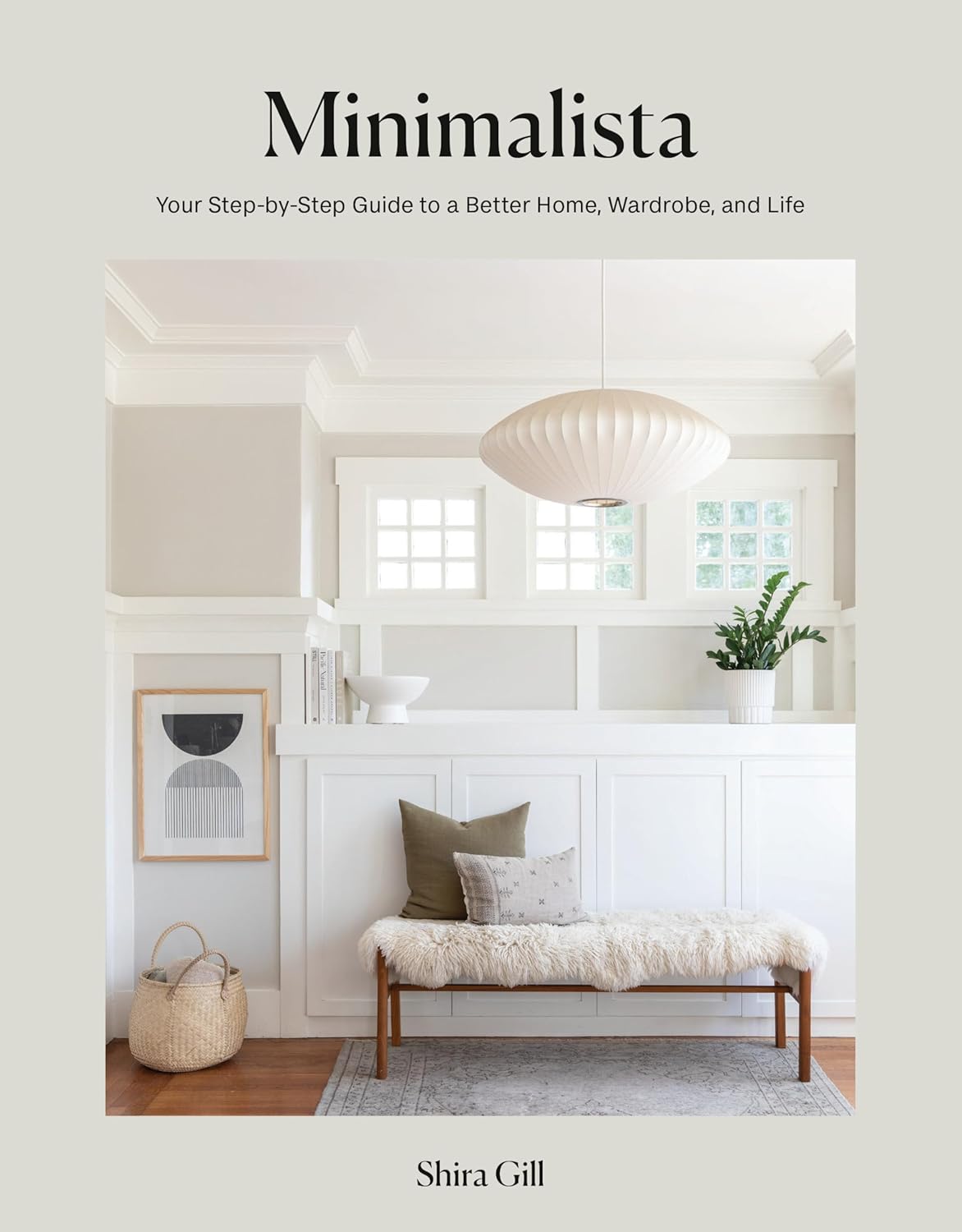 ספר עיצוב מינימליסטי מבית Fine Lab Home — כריכה עם עיצוב מינימלי: ספסל, כריות, סלסלה, תמונה ותאורה תלויה. השראה לארגון ושדרוג הבית בסגנון מינימליסטי.