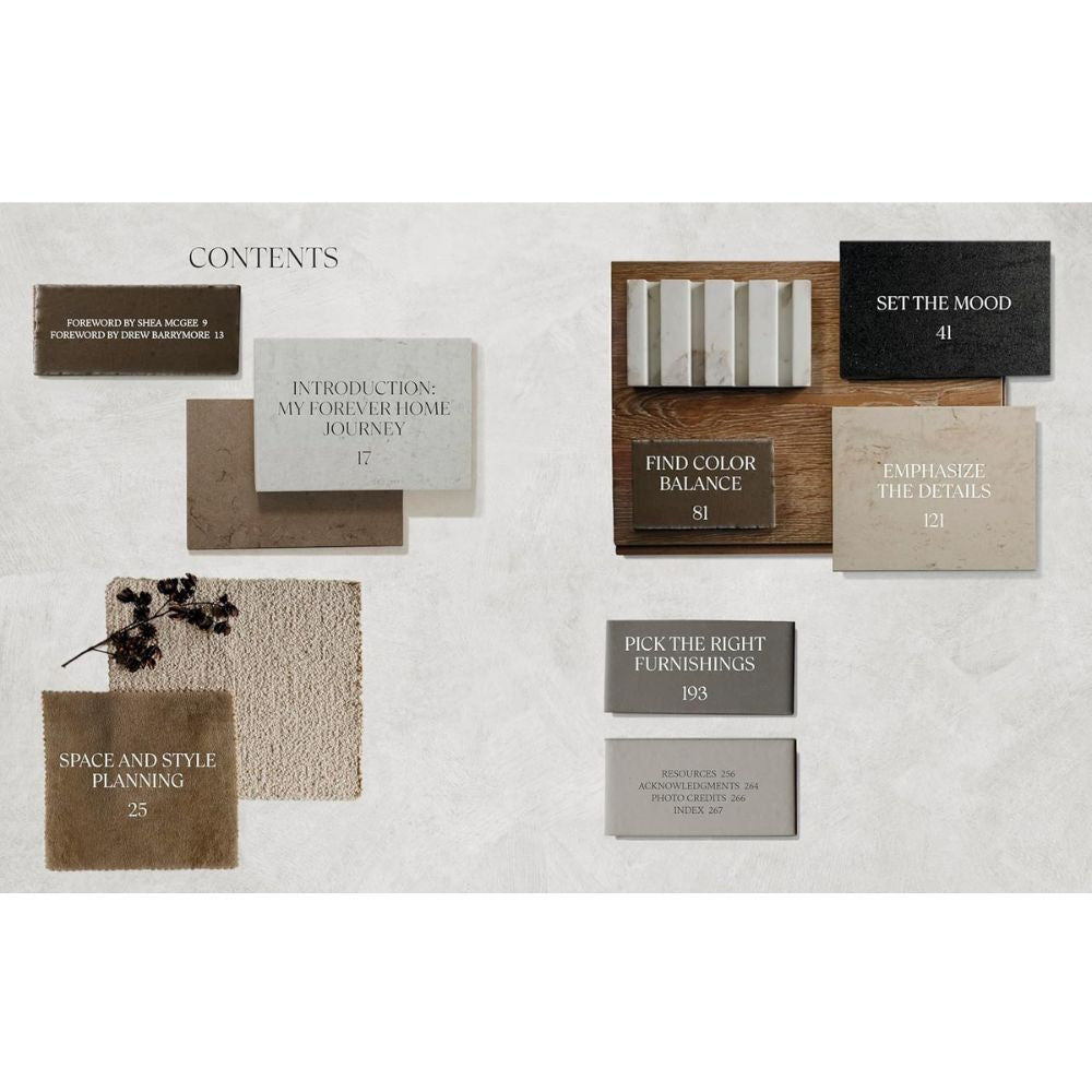 דף תוכן עם כרטיסים מרקמים שכותרתם: מבוא, יצירת אווירה, מציאת איזון צבעים, הדגשת פרטים, תכנון חלל וסגנון, ובחירת הריהוט הנכון — המדריך שלכם מתוך הספר עיצוב The Forever Home מאת Fine Lab Home.