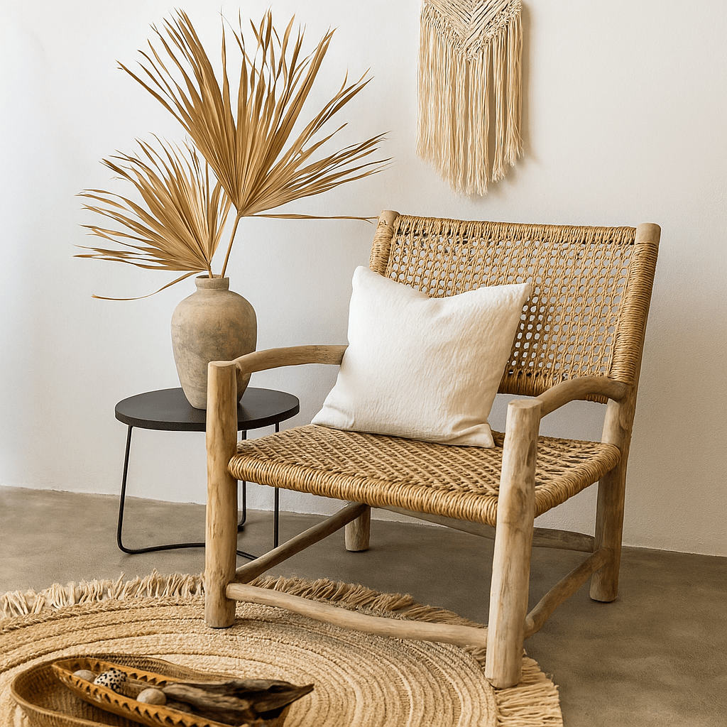 כורסא עץ טיק וראטן סינתטי של Fine Lab Home עם כרית לבנה ניצבת לצד שולחן קטן, ולצדה שטיח עגול ותליון קיר קלוע להשלמת העיצוב הניטרלי.