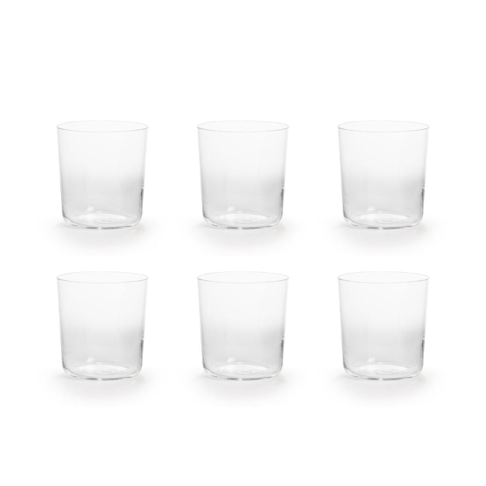 שש כוסות זכוכית זהות מדגם Fine Lab Home - 350 מ“ל (סט של 6 יחידות) מסודרות בשתי שורות של שלוש על רקע לבן חלק, מה שמדגיש את העיצוב הנקי והמודרני שלהן — מושלמות להגשת משקאות קרים.