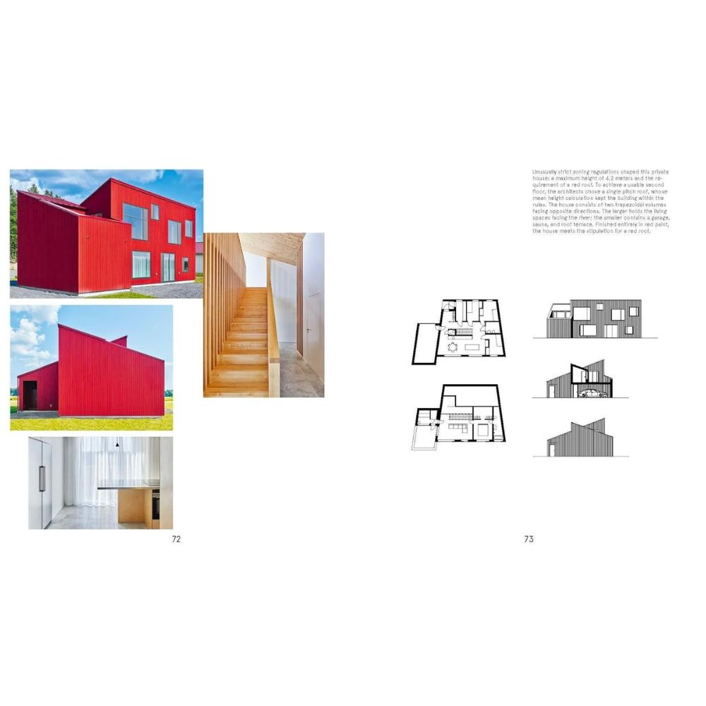 קולאז' מתוך הספר "Living Nordic" בהוצאת Fine Lab Home מציג חזיתות אדומות של בתים מודרניים, גרם מדרגות מעץ וחללי פנים לבנים בוהקים בסגנון עיצוב סקנדינבי משמאל; מימין מופיעים תוכניות קומה ושרטוטי חזיתות של הבית המדגישים את האדריכלות.