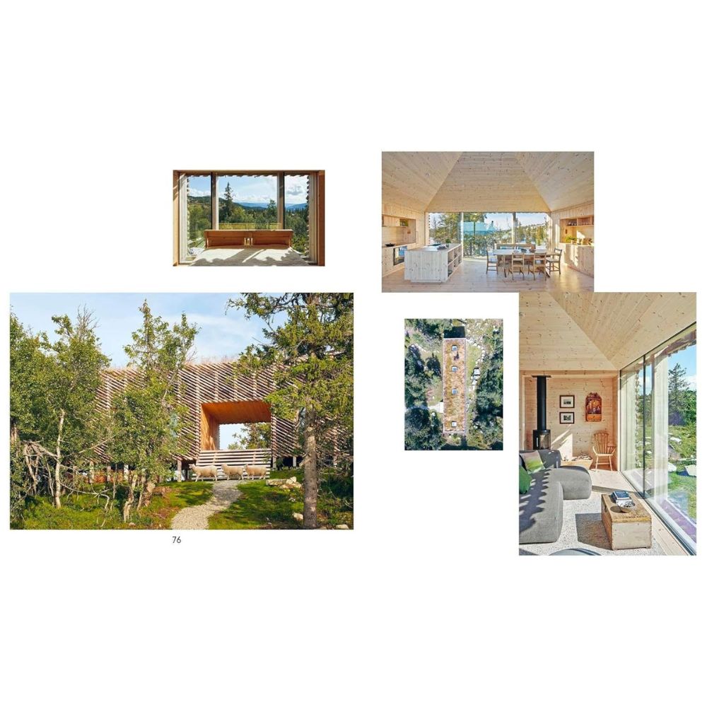 קולאז' המציג את ספר העיצוב "Living Nordic" מבית Fine Lab Home: בית עץ מודרני עם חלונות רחבים השוכן בין העצים, המדגיש את הנופים החיצוניים ואת החללים הפנימיים המאווררים והמינימליסטיים, המהווים דוגמה מובהקת לעיצוב סקנדינבי ולאדריכלות מחושבת.