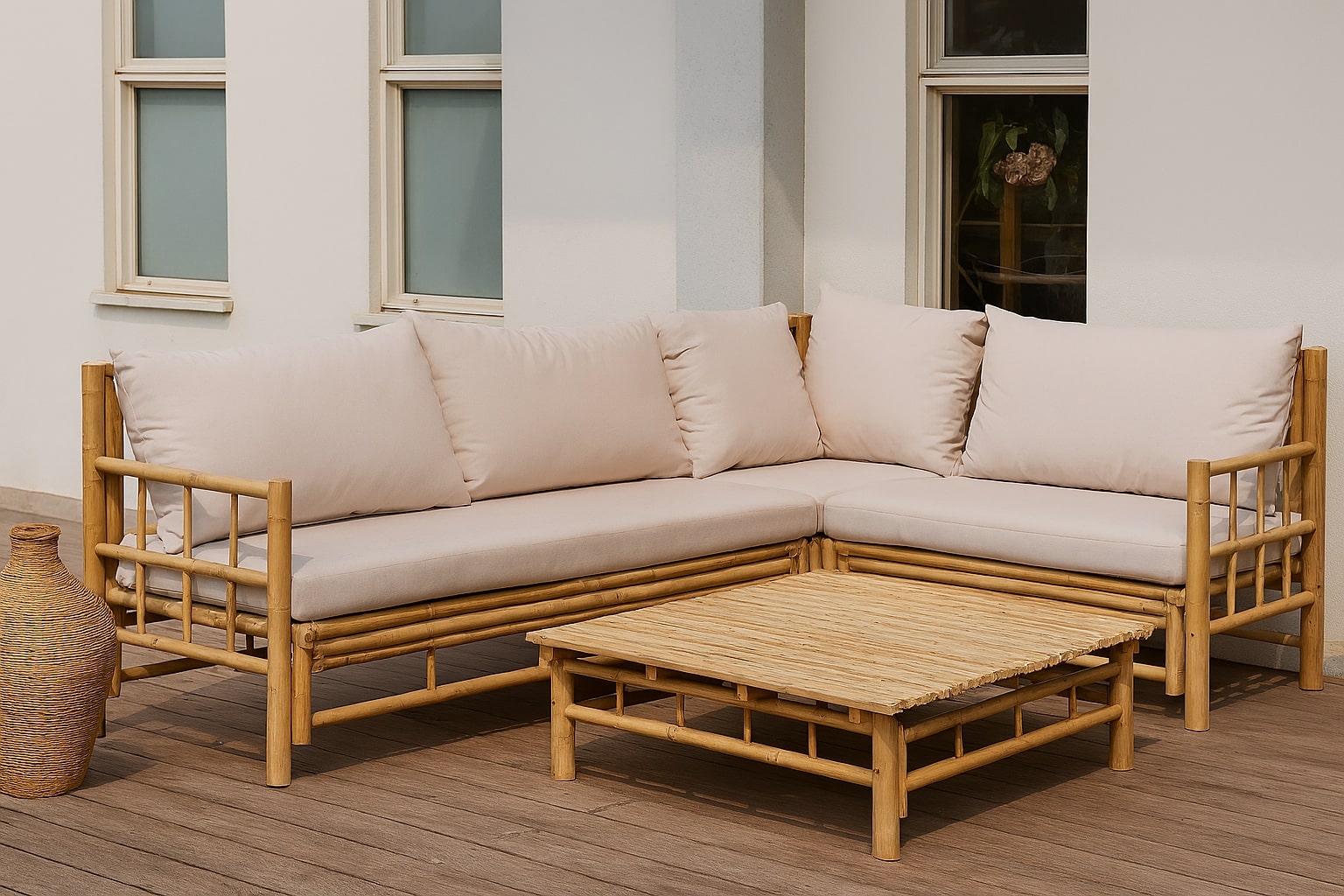 מערכת ישיבה פינתית מבמבוק טבעי מבית Fine Lab Home כוללת ספה עם מסגרת במבוק, כריות לבנות ושולחן קפה תואם — ריהוט גן אידיאלי לחלל החיצוני שלכם.