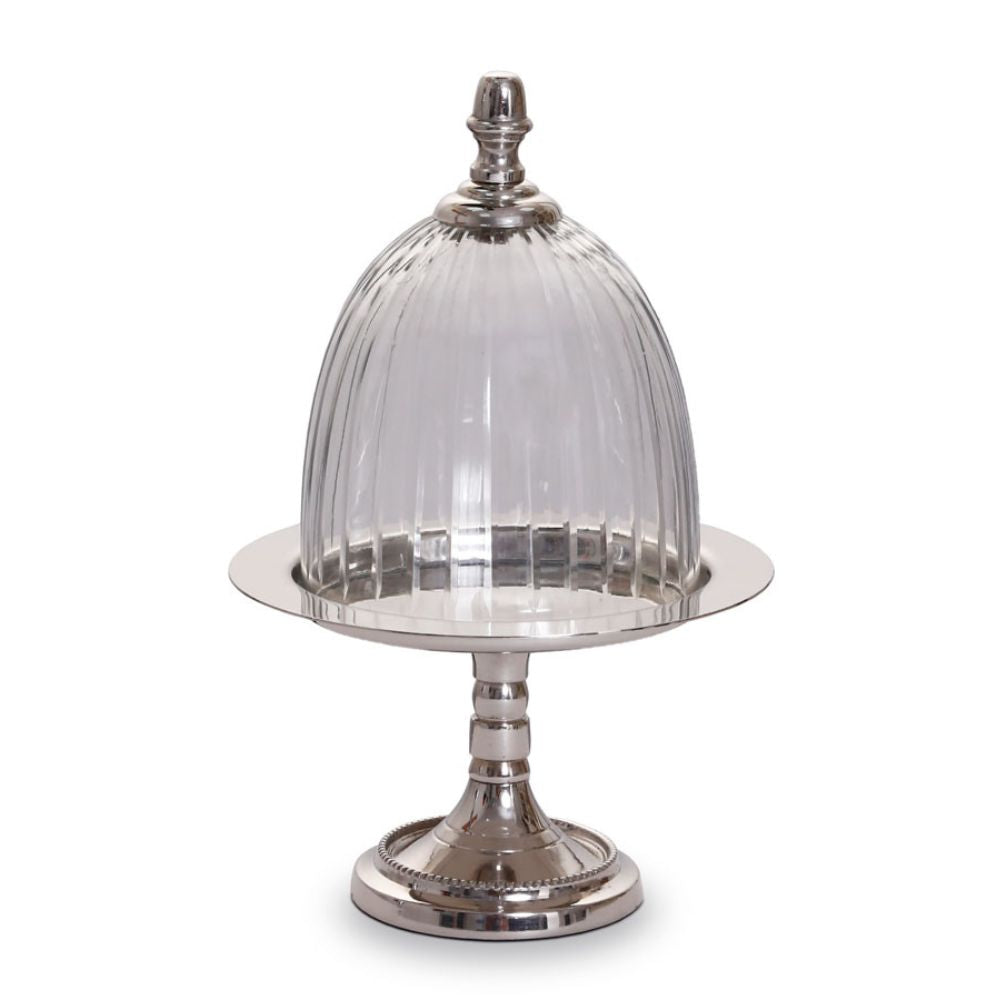 פעמון זכוכית וכסף אלגנטי - שלושה גדלים מבית Fine Lab Home כולל בסיס מתכת מחורץ, כיפת זכוכית עם ידית דקורטיבית - פעמון לעוגה אלגנטי שיהיה מרכז השולחן בכל ארוחה.