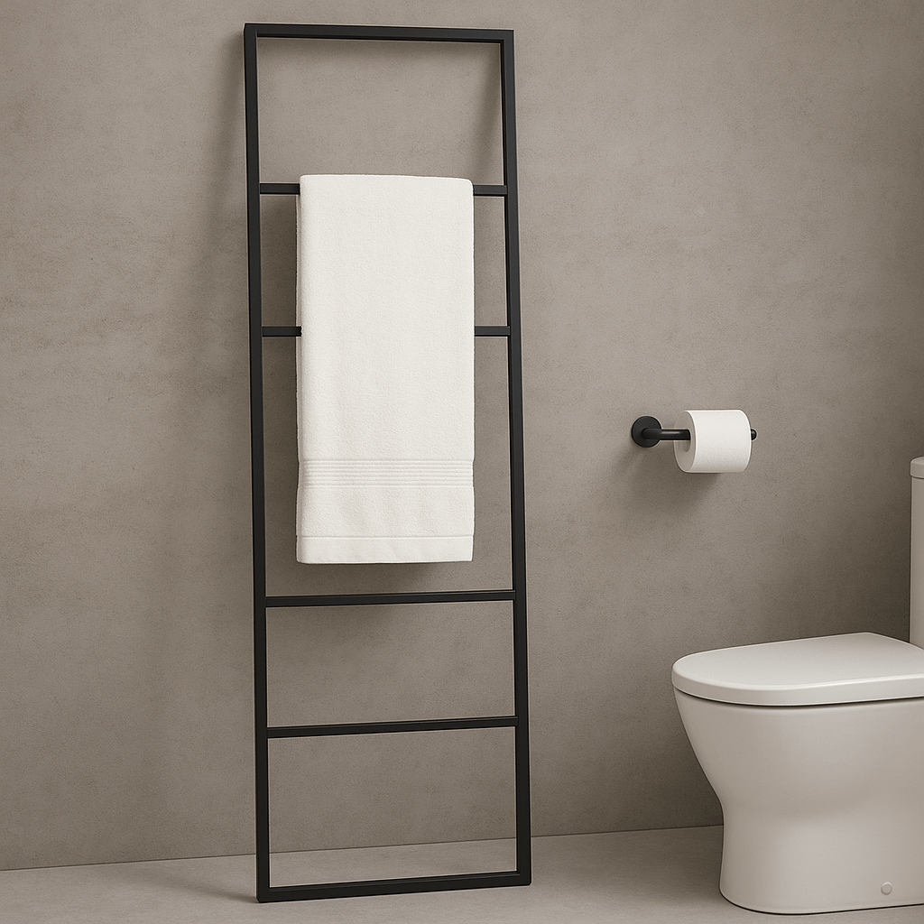 סולם ברזל שחור עם מגבת לבנה נשען על קיר בז' ליד אסלה עם מתקן נייר טואלט שחור — אידיאלי לעיצוב מינימליסטי.