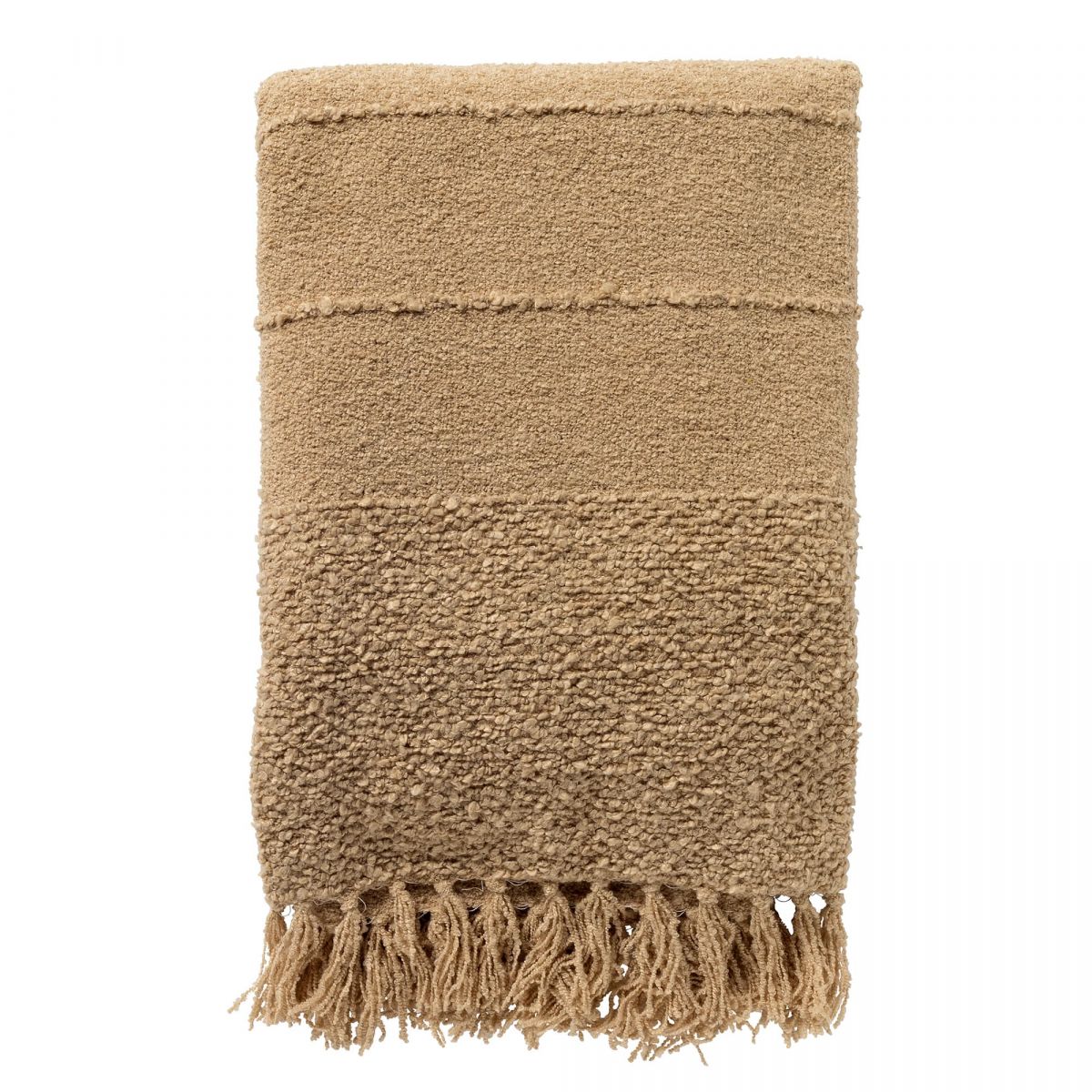 שמיכת הטלוויזיה "סנה" מבית Fine Lab Home היא שמיכה מקופלת בצבע בז' עם דוגמה מרקמית וציציות, מושלמת כשמיכה נעימה לספה.