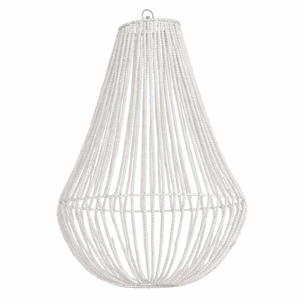 אהיל תאורה חרוזי עץ לבן מבית Fine Lab Home הוא נברשת לבנה עם חרוזים בעיצוב טיפה ושרשראות אנכיות על מסגרת עגולה, המוסיפה אלגנטיות בוהמיינית לכל חלל.